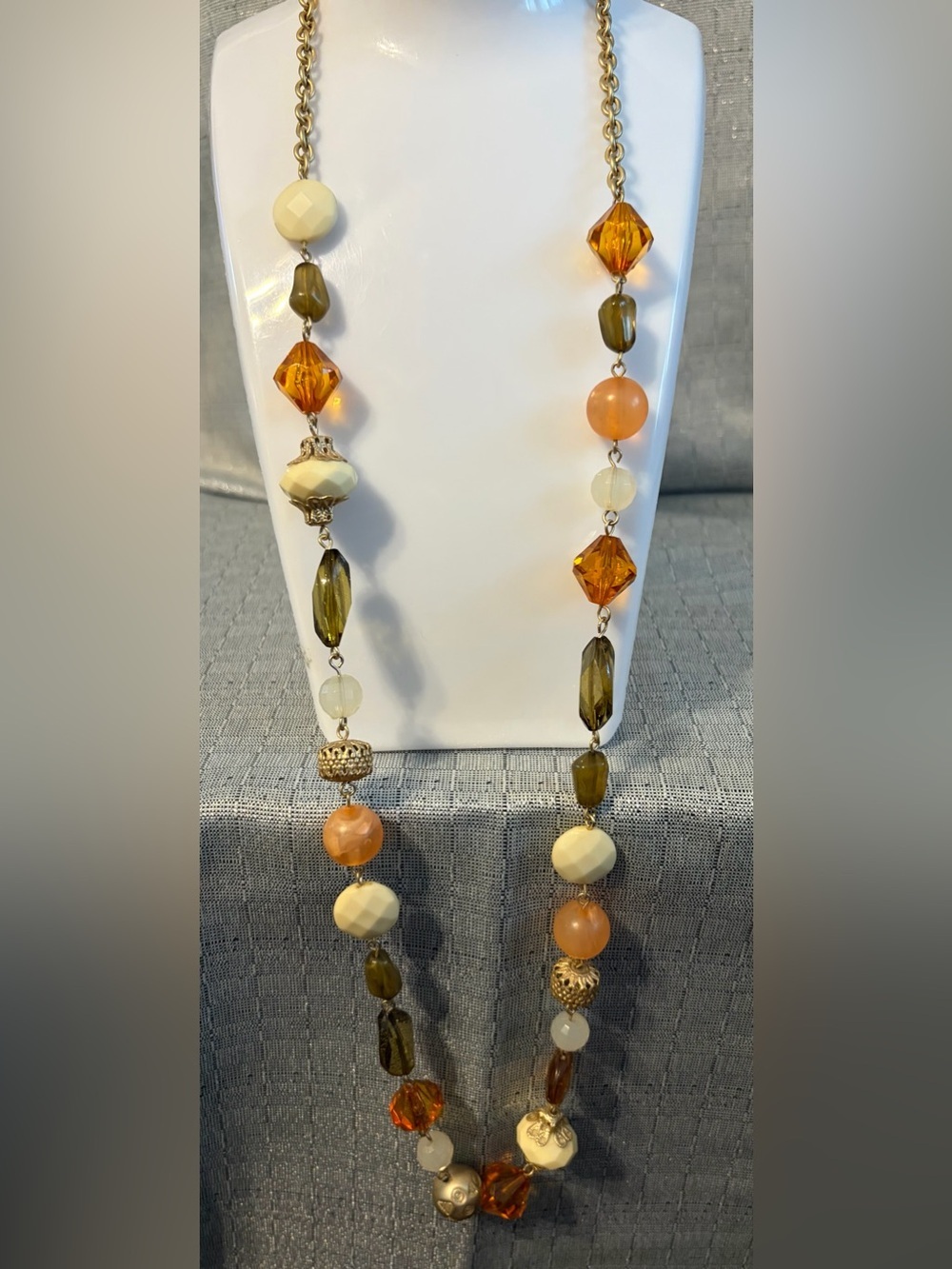 Elegant Multi-Bead Women’s Necklace in Amber, Olive and Cream